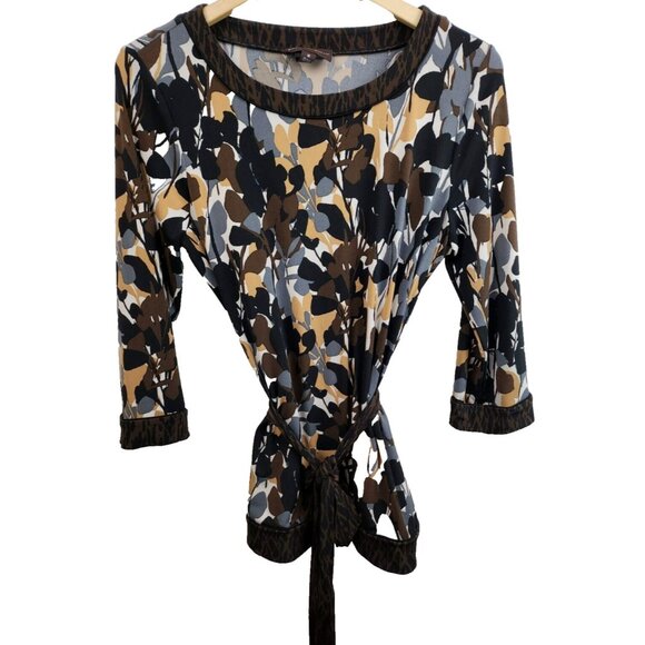 Dana Buchman Tops - Dana Buchman Womens Top Medium Brown Black Abstract Belted Stretch 3/4 Sleeve